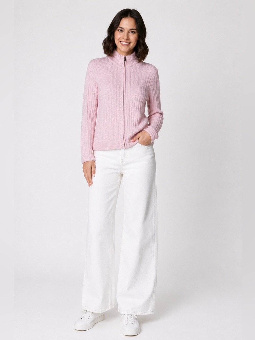 DAILY WOMEN Cotton Blend Pink Long Sleeve Cable Knit Full Zip Cardigan Sweater L